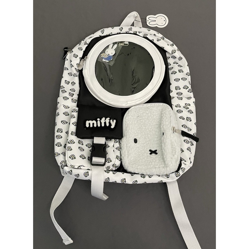 NEW Miffy Backpack Figure Black White Multi Pocket‎ Bag Full Size Miffy Charm